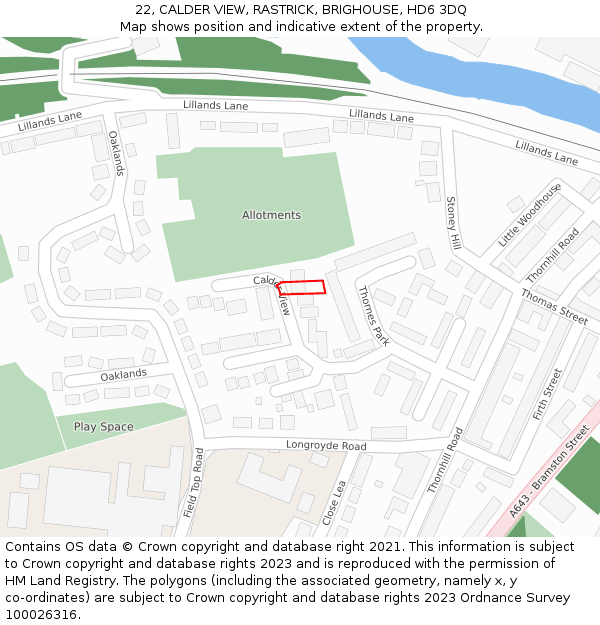 22, CALDER VIEW, RASTRICK, BRIGHOUSE, HD6 3DQ: Location map and indicative extent of plot