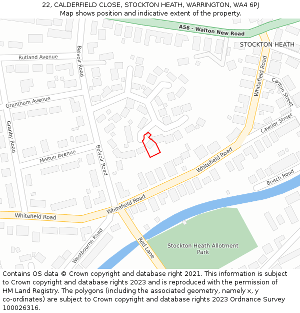 22, CALDERFIELD CLOSE, STOCKTON HEATH, WARRINGTON, WA4 6PJ: Location map and indicative extent of plot