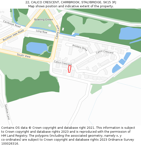 22, CALICO CRESCENT, CARRBROOK, STALYBRIDGE, SK15 3FJ: Location map and indicative extent of plot