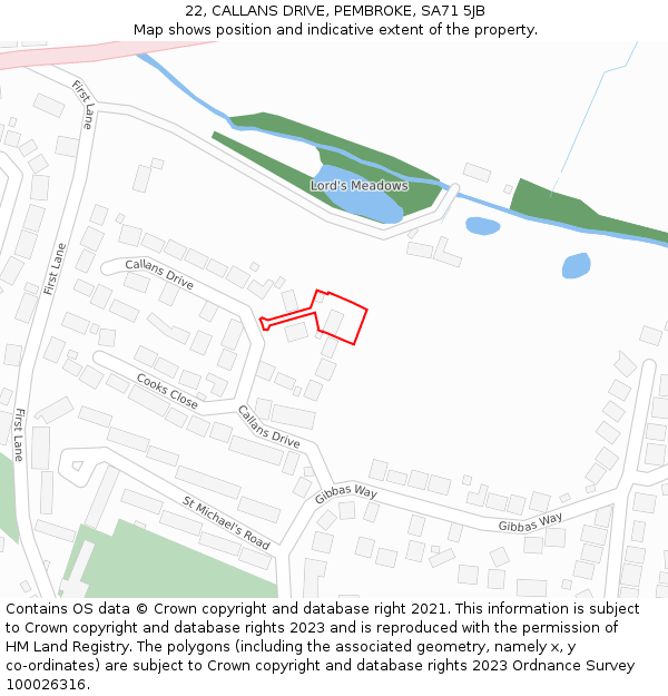 22, CALLANS DRIVE, PEMBROKE, SA71 5JB: Location map and indicative extent of plot