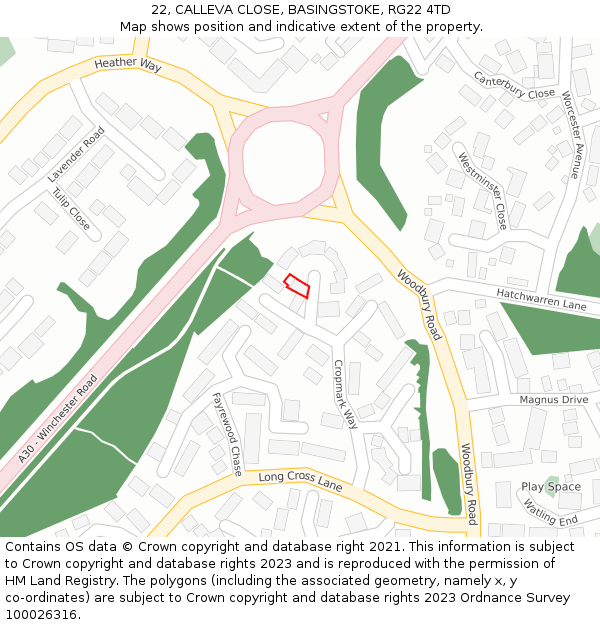 22, CALLEVA CLOSE, BASINGSTOKE, RG22 4TD: Location map and indicative extent of plot