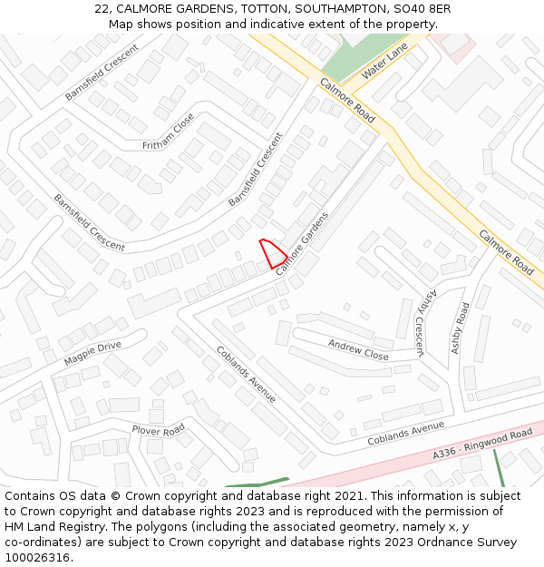 22, CALMORE GARDENS, TOTTON, SOUTHAMPTON, SO40 8ER: Location map and indicative extent of plot