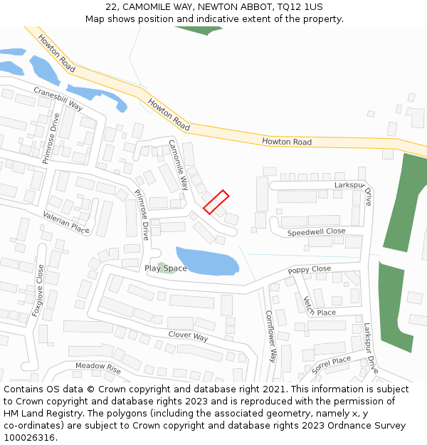 22, CAMOMILE WAY, NEWTON ABBOT, TQ12 1US: Location map and indicative extent of plot