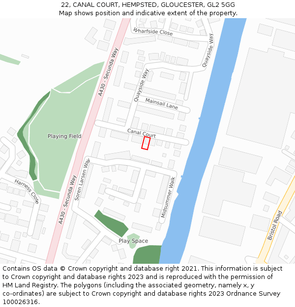 22, CANAL COURT, HEMPSTED, GLOUCESTER, GL2 5GG: Location map and indicative extent of plot