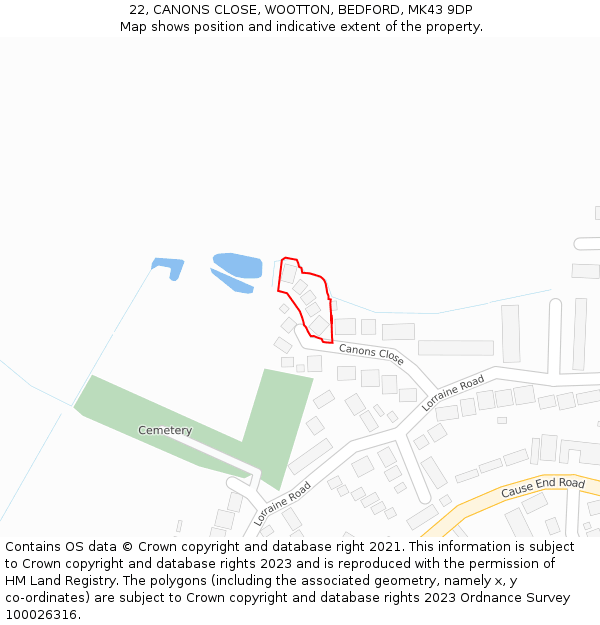 22, CANONS CLOSE, WOOTTON, BEDFORD, MK43 9DP: Location map and indicative extent of plot