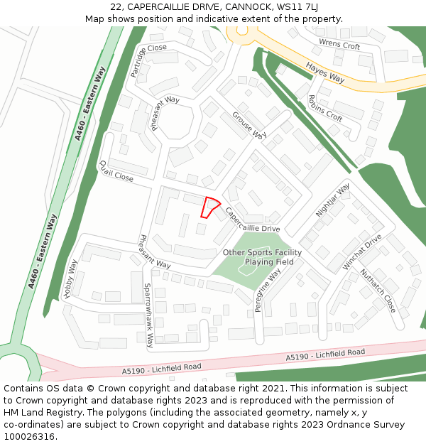 22, CAPERCAILLIE DRIVE, CANNOCK, WS11 7LJ: Location map and indicative extent of plot