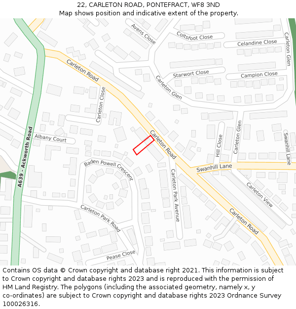 22, CARLETON ROAD, PONTEFRACT, WF8 3ND: Location map and indicative extent of plot