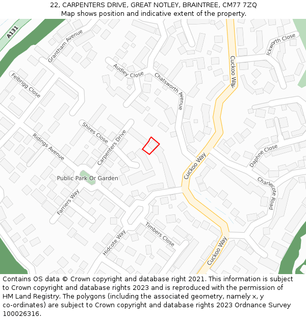 22, CARPENTERS DRIVE, GREAT NOTLEY, BRAINTREE, CM77 7ZQ: Location map and indicative extent of plot