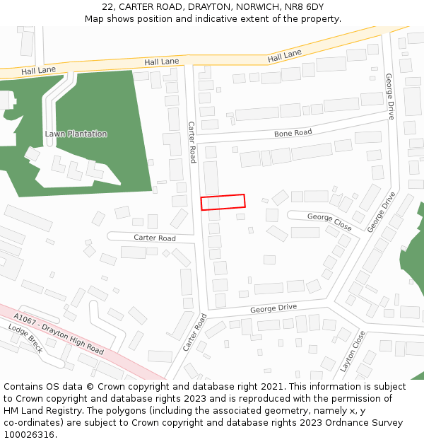 22, CARTER ROAD, DRAYTON, NORWICH, NR8 6DY: Location map and indicative extent of plot