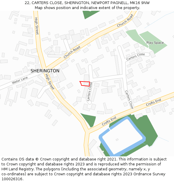 22, CARTERS CLOSE, SHERINGTON, NEWPORT PAGNELL, MK16 9NW: Location map and indicative extent of plot