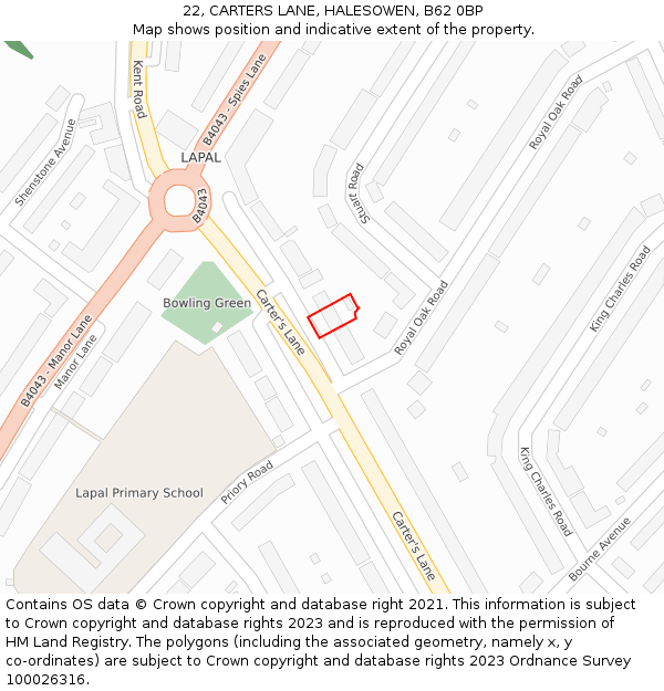 22, CARTERS LANE, HALESOWEN, B62 0BP: Location map and indicative extent of plot