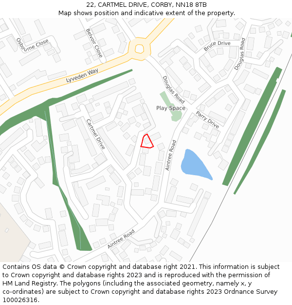 22, CARTMEL DRIVE, CORBY, NN18 8TB: Location map and indicative extent of plot