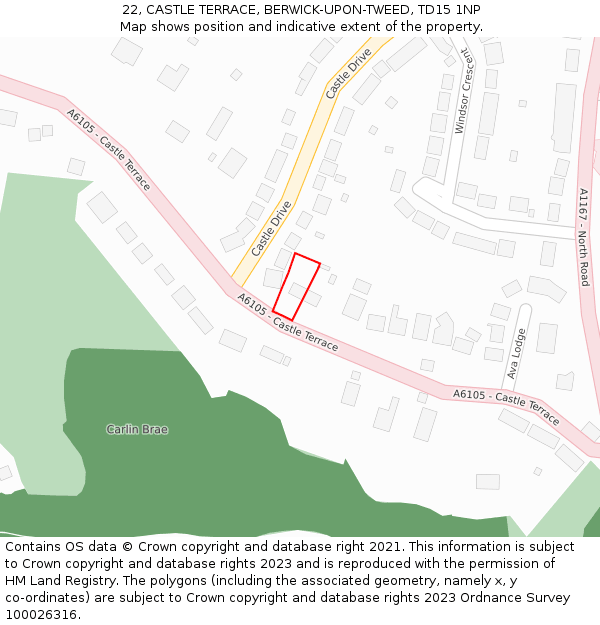 22, CASTLE TERRACE, BERWICK-UPON-TWEED, TD15 1NP: Location map and indicative extent of plot