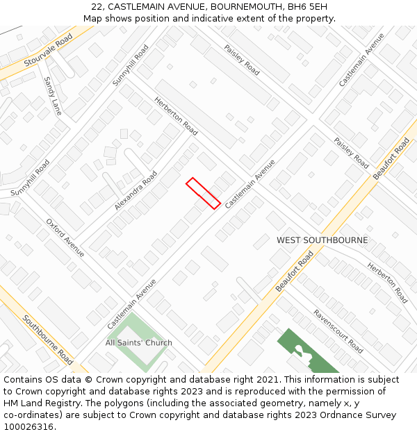 22, CASTLEMAIN AVENUE, BOURNEMOUTH, BH6 5EH: Location map and indicative extent of plot