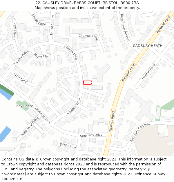 22, CAUSLEY DRIVE, BARRS COURT, BRISTOL, BS30 7BA: Location map and indicative extent of plot