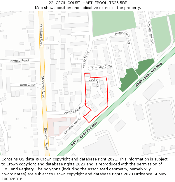 22, CECIL COURT, HARTLEPOOL, TS25 5BF: Location map and indicative extent of plot