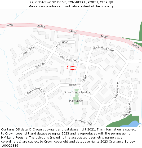 22, CEDAR WOOD DRIVE, TONYREFAIL, PORTH, CF39 8JB: Location map and indicative extent of plot