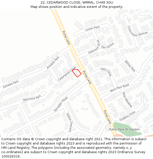 22, CEDARWOOD CLOSE, WIRRAL, CH49 3GU: Location map and indicative extent of plot