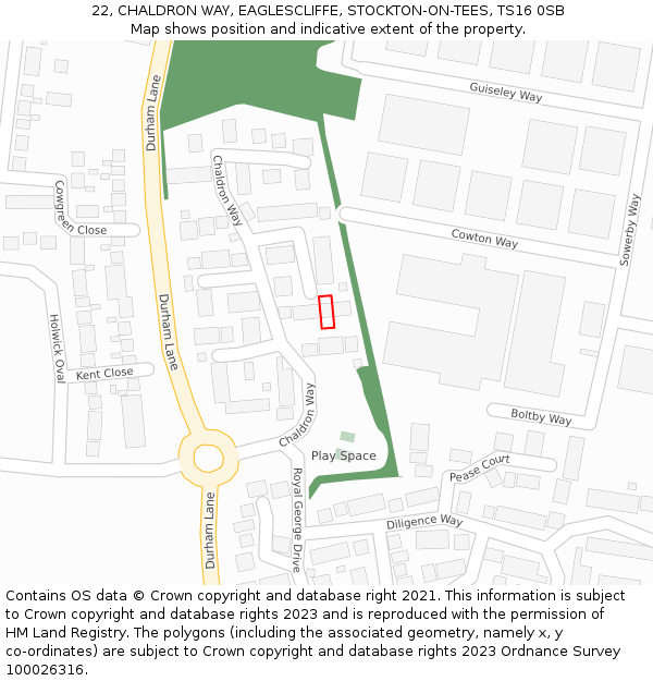 22, CHALDRON WAY, EAGLESCLIFFE, STOCKTON-ON-TEES, TS16 0SB: Location map and indicative extent of plot