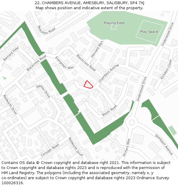 22, CHAMBERS AVENUE, AMESBURY, SALISBURY, SP4 7XJ: Location map and indicative extent of plot