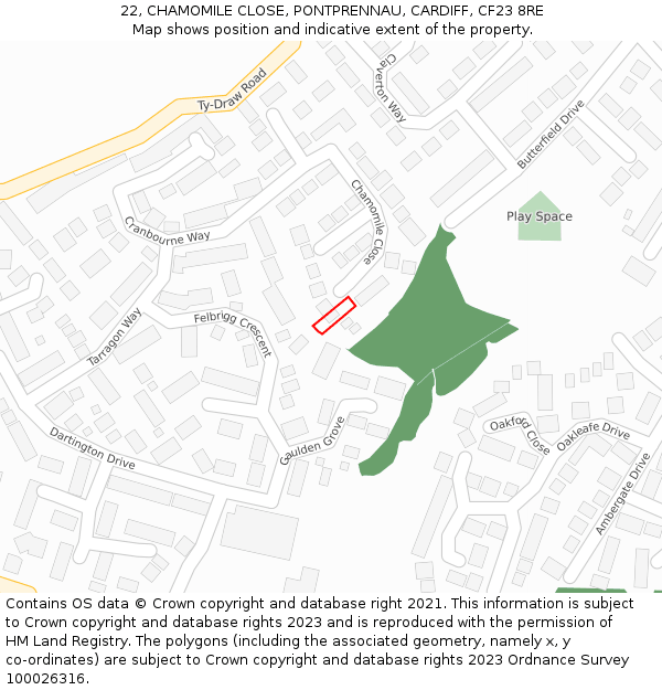 22, CHAMOMILE CLOSE, PONTPRENNAU, CARDIFF, CF23 8RE: Location map and indicative extent of plot