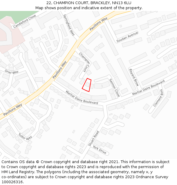 22, CHAMPION COURT, BRACKLEY, NN13 6LU: Location map and indicative extent of plot