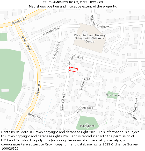 22, CHAMPNEYS ROAD, DISS, IP22 4PS: Location map and indicative extent of plot