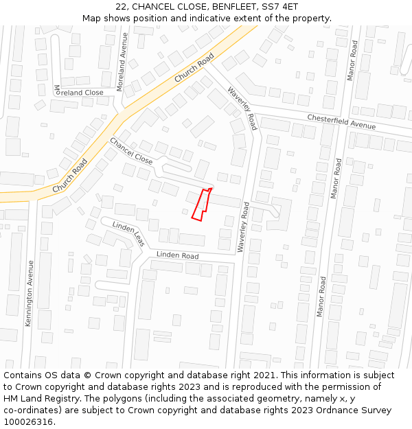 22, CHANCEL CLOSE, BENFLEET, SS7 4ET: Location map and indicative extent of plot