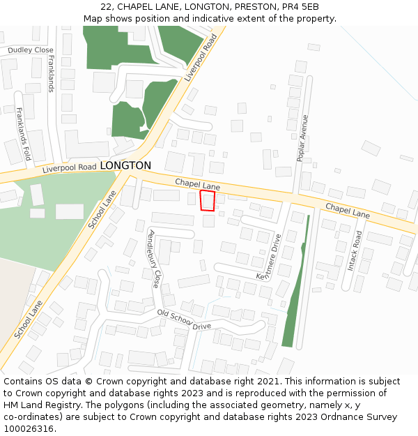 22, CHAPEL LANE, LONGTON, PRESTON, PR4 5EB: Location map and indicative extent of plot