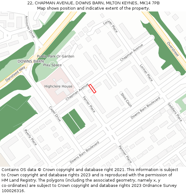 22, CHAPMAN AVENUE, DOWNS BARN, MILTON KEYNES, MK14 7PB: Location map and indicative extent of plot