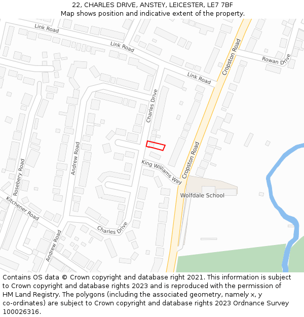 22, CHARLES DRIVE, ANSTEY, LEICESTER, LE7 7BF: Location map and indicative extent of plot