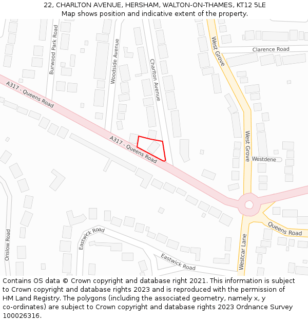 22, CHARLTON AVENUE, HERSHAM, WALTON-ON-THAMES, KT12 5LE: Location map and indicative extent of plot