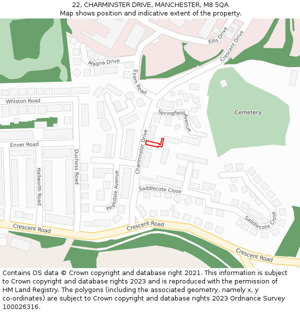 22, CHARMINSTER DRIVE, MANCHESTER, M8 5QA: Location map and indicative extent of plot