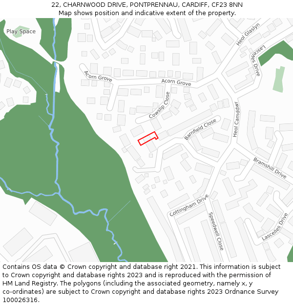 22, CHARNWOOD DRIVE, PONTPRENNAU, CARDIFF, CF23 8NN: Location map and indicative extent of plot