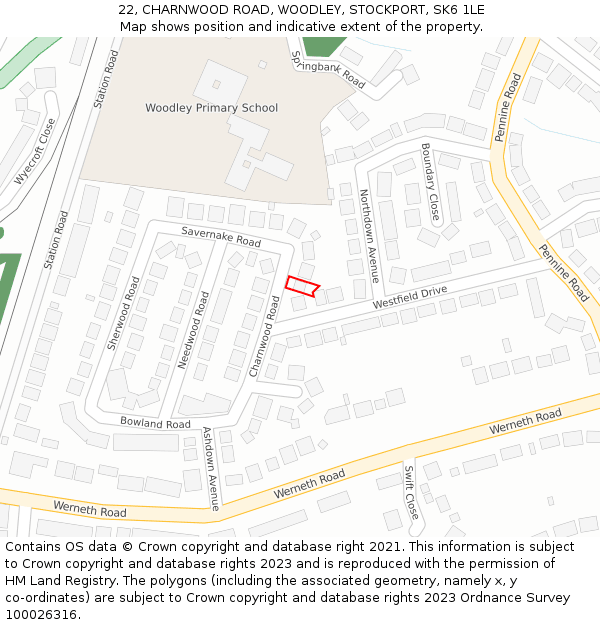 22, CHARNWOOD ROAD, WOODLEY, STOCKPORT, SK6 1LE: Location map and indicative extent of plot