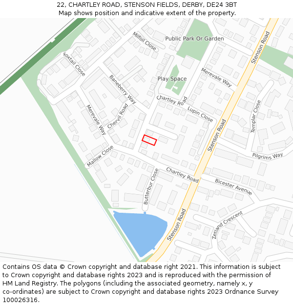 22, CHARTLEY ROAD, STENSON FIELDS, DERBY, DE24 3BT: Location map and indicative extent of plot