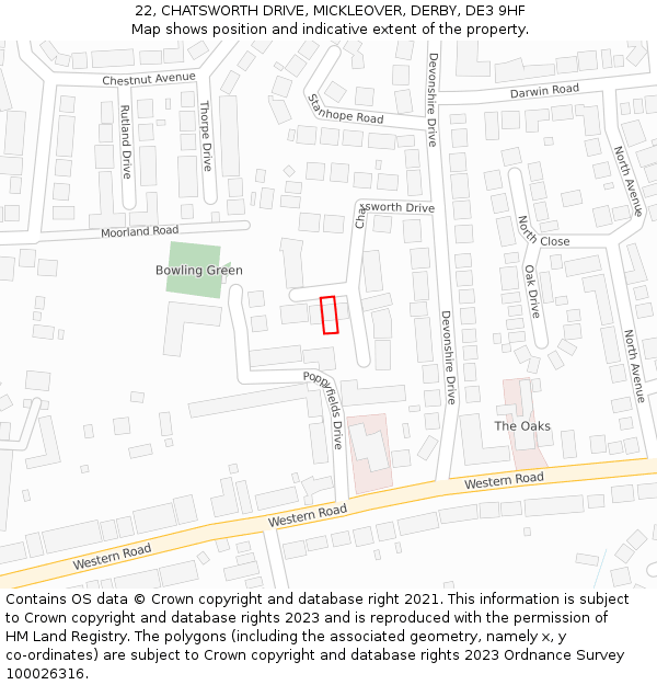 22, CHATSWORTH DRIVE, MICKLEOVER, DERBY, DE3 9HF: Location map and indicative extent of plot