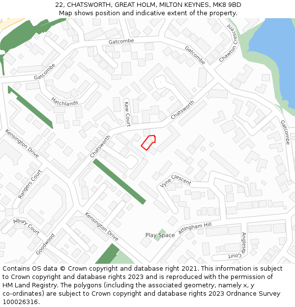 22, CHATSWORTH, GREAT HOLM, MILTON KEYNES, MK8 9BD: Location map and indicative extent of plot