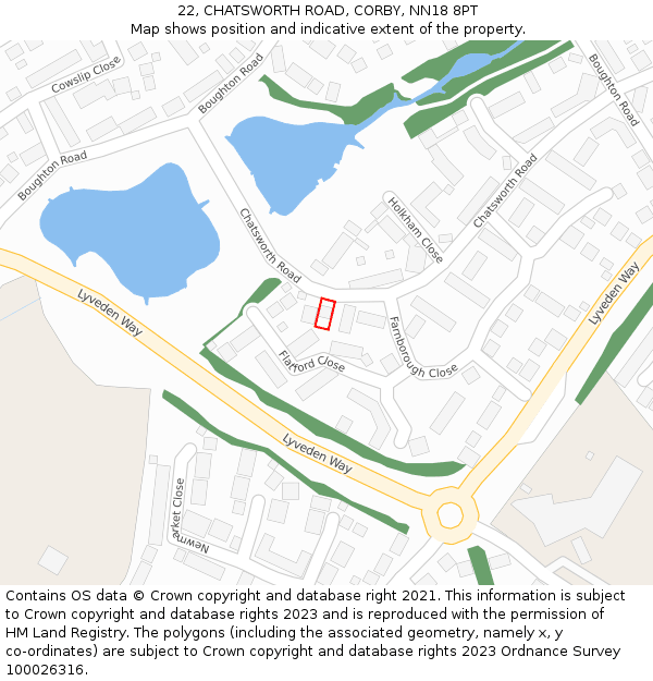 22, CHATSWORTH ROAD, CORBY, NN18 8PT: Location map and indicative extent of plot