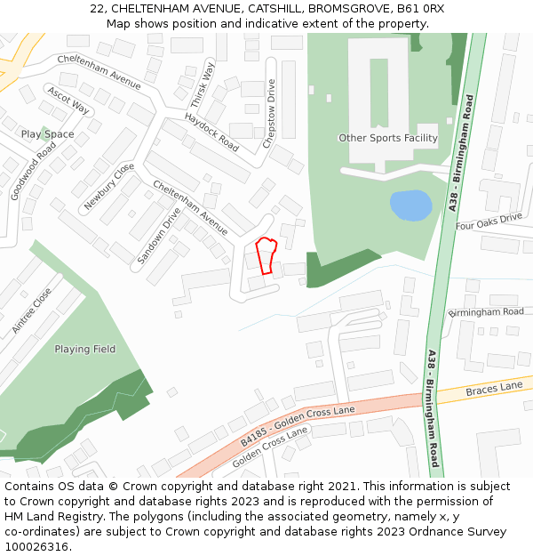 22, CHELTENHAM AVENUE, CATSHILL, BROMSGROVE, B61 0RX: Location map and indicative extent of plot