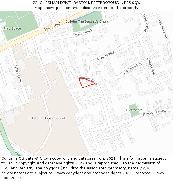22, CHESHAM DRIVE, BASTON, PETERBOROUGH, PE6 9QW: Location map and indicative extent of plot
