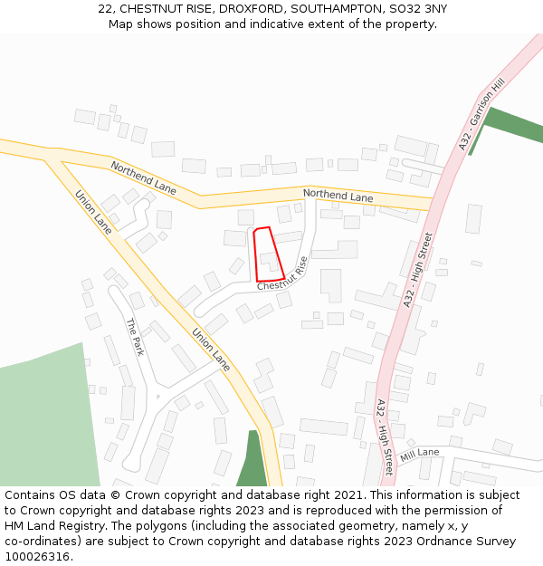 22, CHESTNUT RISE, DROXFORD, SOUTHAMPTON, SO32 3NY: Location map and indicative extent of plot