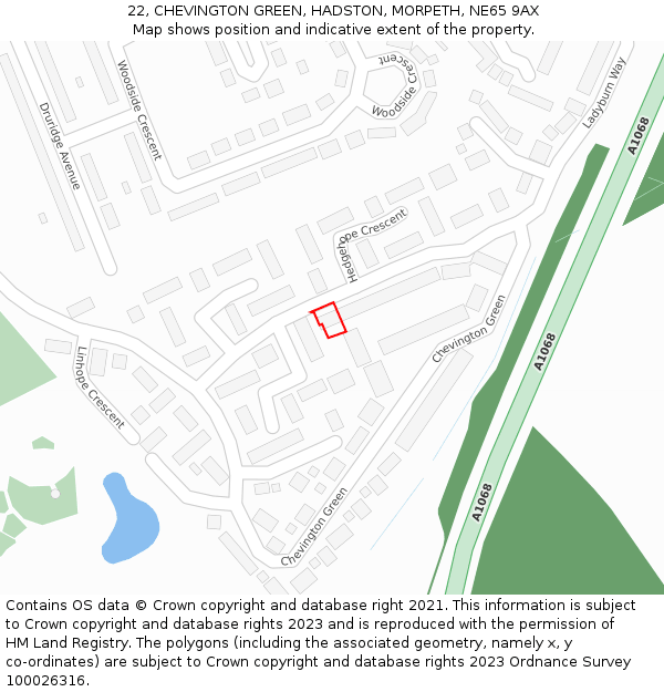 22, CHEVINGTON GREEN, HADSTON, MORPETH, NE65 9AX: Location map and indicative extent of plot