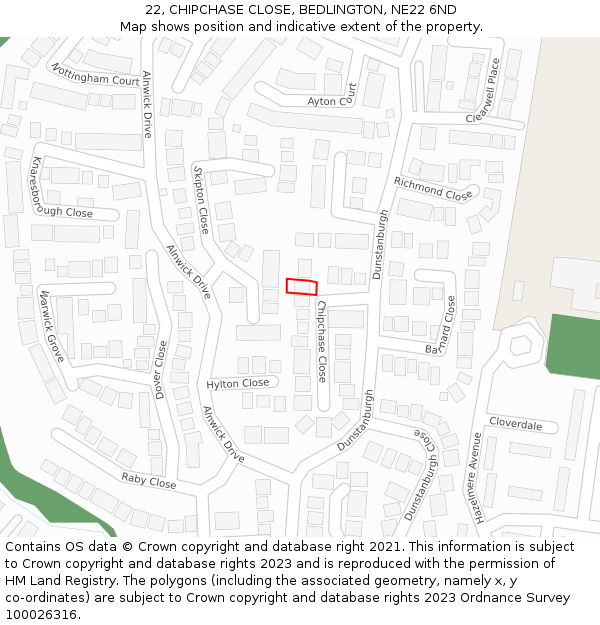 22, CHIPCHASE CLOSE, BEDLINGTON, NE22 6ND: Location map and indicative extent of plot