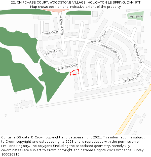 22, CHIPCHASE COURT, WOODSTONE VILLAGE, HOUGHTON LE SPRING, DH4 6TT: Location map and indicative extent of plot