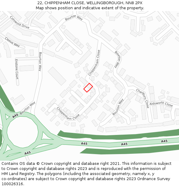 22, CHIPPENHAM CLOSE, WELLINGBOROUGH, NN8 2PX: Location map and indicative extent of plot