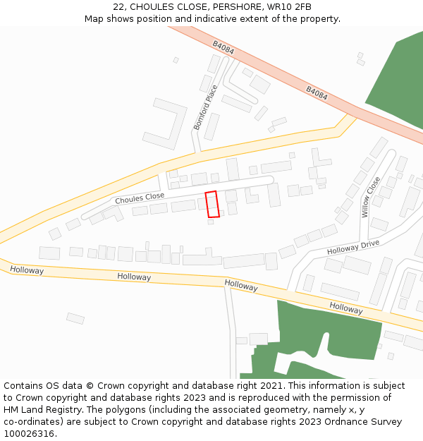 22, CHOULES CLOSE, PERSHORE, WR10 2FB: Location map and indicative extent of plot