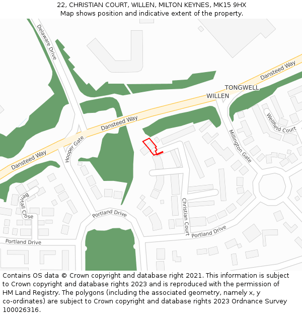 22, CHRISTIAN COURT, WILLEN, MILTON KEYNES, MK15 9HX: Location map and indicative extent of plot