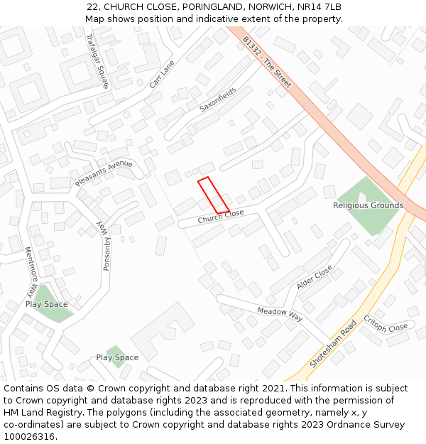 22, CHURCH CLOSE, PORINGLAND, NORWICH, NR14 7LB: Location map and indicative extent of plot