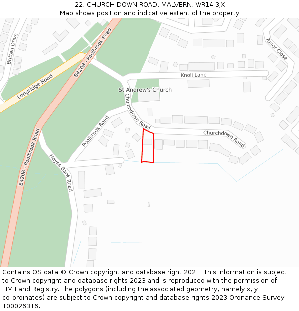 22, CHURCH DOWN ROAD, MALVERN, WR14 3JX: Location map and indicative extent of plot